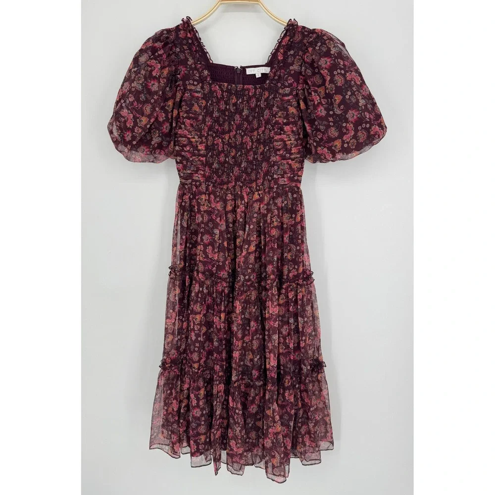 Ivy City Co Stephanie Dress Small Burgundy Floral Smocked Cottagecore Romantic - Picture 4 of 12